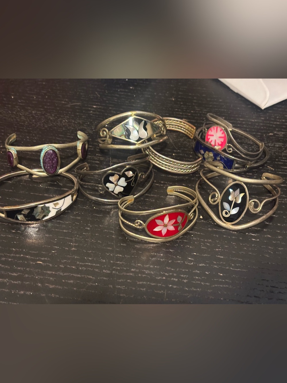 Lot of Vintage Mexico alpaca/taxco Silver Inlaid Braceles 145 grams